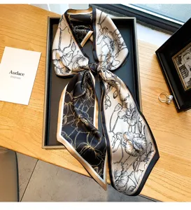 Elégant foulard en soie à motif floral élégant twilly pour femmes bandeau de cou sac