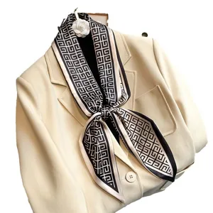 Chic geometric print silk-feel scarf, elegant necktie and ribbon headband for women spring.