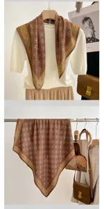 Foulard quadrato marrone Maillard da donna, fantasia geometrica retrò, elegante sciarpa.