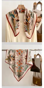 Chic foulard quadrato in cotone e lino, elegante piccolo fazzoletto da collo con stampa floreale.