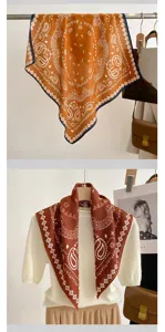 Classic paisley print linen square scarf, vintage orange neckerchief and stylish shawl.