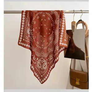 Brown paisley square bandana scarf, vintage cotton blend neckerchief for daily chic wear.