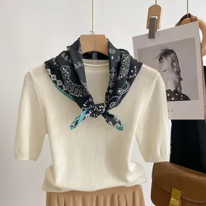 Classic paisley cotton linen small square scarf and knit short sleeve top main view display