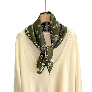 Green paisley small square scarf linen neckerchief professional decorative shawl for women