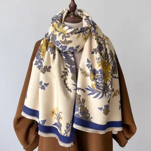Women Winter Warm Imitation Cashmere Scarf Ethnic Floral Print Long Thickened Tassel Shawl Fashion Neck Scarf