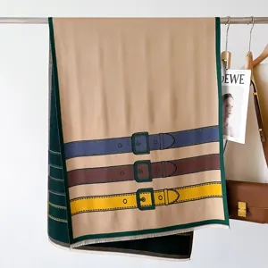 Classic winter cashmere-feel scarf for women, elegant long shawl with stylish belt print design.