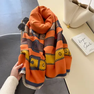 Cashmere feel winter scarf with elegant belt print design, thick warm long shawl for women.