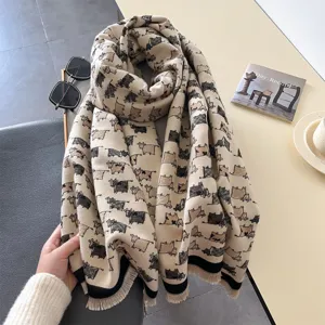 Autunno inverno donna sciarpa frange imitazione cashmere carino motivo mucca caldo scialle