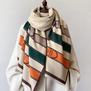 Women Winter Long Scarf Imitation Cashmere Thickened Warm Classic Belt Print Shawl Fashion Tassel Scarf Wrap