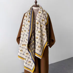 Fashion Autumn Winter Cashmere Feel Scarf Horsebit Print Reversible Shawl for Women