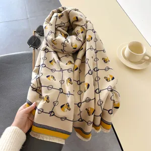 Women cashmere feel winter scarf elegant horse print shawl warm thick tassel wrap