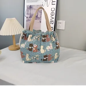 Cute cat print canvas tote bag, casual shoulder handbag with drawstring for daily use.