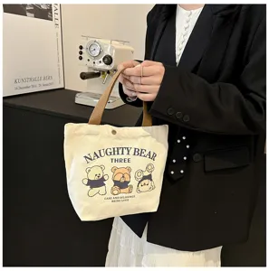 Canvas tote bag for women daily work shoulder bag casual retro cute cartoon bear handbag