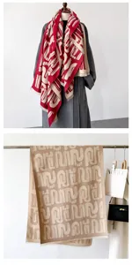 Retro color-block printed scarf for women, cozy cashmere-feel winter shawl, soft warm neck wrap.