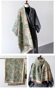 Detail view of the elegant autumn winter paisley imitation cashmere scarf with fringe.