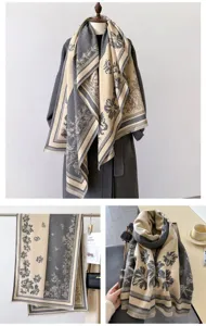 Women winter thick imitation cashmere scarf elegant gray floral pattern warm cozy shawl