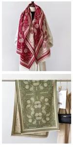 Detailed view of cozy winter paisley cashmere-feel scarf in dual-color styling for women.