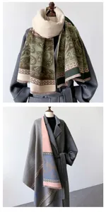 Detailed view of the winter cashmere-feel paisley shawl, stylish color block scarf.