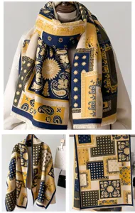Close-up details of the warm winter imitation cashmere scarf featuring vintage paisley patchwork.