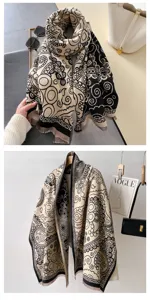 Sciarpa calda invernale stile cashmere, scialle con frange stampa barocca retrò.
