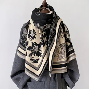 Women winter cashmere feel scarf vintage floral pattern warm thick black beige neckerchief