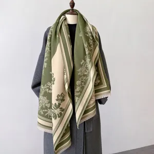 Winter green floral cashmere feel scarf, thick warm wrap for women, stylish outer wear shawl.
