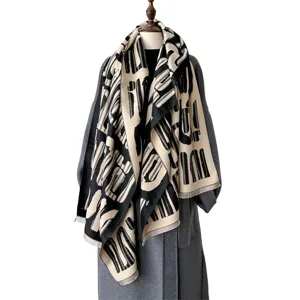 Retro American style color-block printed scarf, winter faux cashmere shawl, warm soft neck wrap.