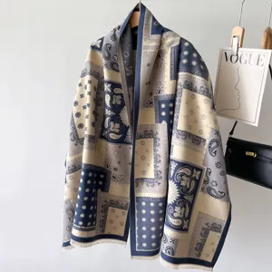 Geometric paisley print winter cashmere-feel scarf, thick warm shawl for women style