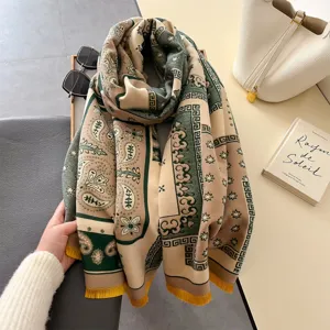 Women winter thick paisley cashmere feel scarf shawl with fringe stylish retro design