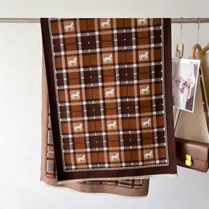 Women's warm winter plaid scarf with elegant horse print, thick long tassel shawl and neck wrap.