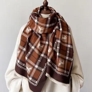 Brown plaid winter scarf with horse pattern, thick warm cashmere-feel shawl for women.