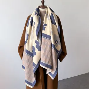 Winter warm faux cashmere scarf with floral print and geometric border tassel shawl