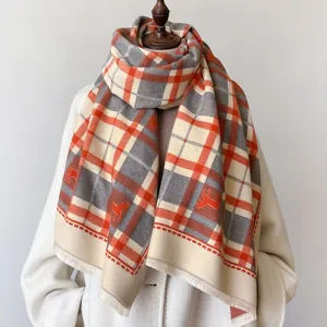 Thickened plaid scarf with horse prints, classic orange and grey color block shawl for winter.