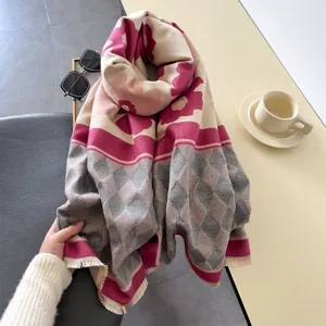 Fall winter warm cashmere feel scarf with sunflower and diamond pattern fringe detail shot