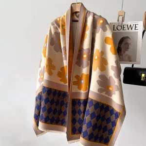 Autumn Winter Warm Scarf Women Imitation Cashmere Sunflower Geometric Print Tassel Shawl Fashion Casual Long Scarves