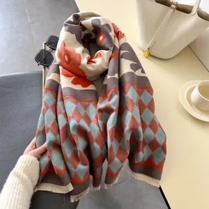 Korean style autumn winter warm scarf sunflower pattern double-sided cashmere shawl