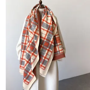 Winter warm plaid scarf with elegant horse print, thick long shawl for women fashion styling.