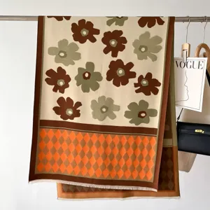 Double-sided cashmere winter scarf with sunflower and diamond patterns for women stylish warm shawl