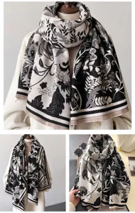 Vintage floral winter scarf for women, elegant black and white warm shawl cape apparel.