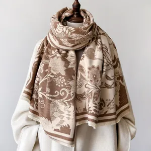 Vintage floral print winter warm scarf elegant shawl draped on mannequin display main image
