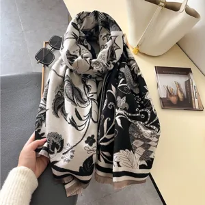 Women winter black and white floral print scarf elegant warm shawl casual daily wear