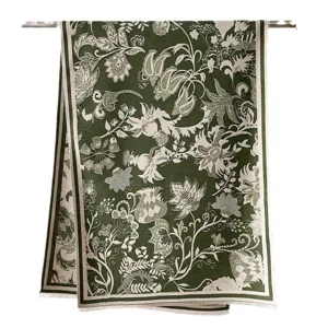 Vintage green floral printed winter women scarf warm elegant shawl cape for daily wear