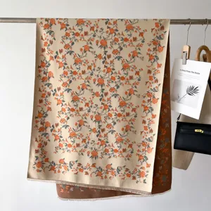 Elegant floral printed cashmere-like scarf for women, warm winter shawl with delicate roses.