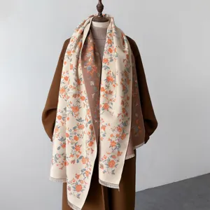 Elegant floral imitation cashmere scarf for women, warm winter long shawl with fringe.