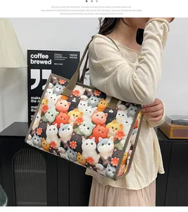 Stilvolle Damen Canvas Tragetasche mit süßem Katzen Print große Kapazität Freizeittasche