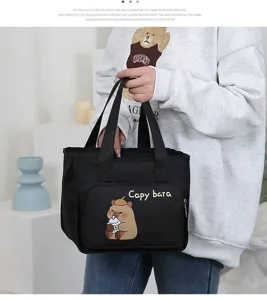 Large capacity insulated lunch bag with cute capybara design, perfect for office and school.