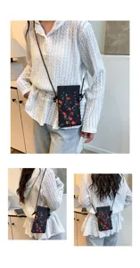 Chinese style vintage mini crossbody phone bag for women, black fabric with red persimmon print.