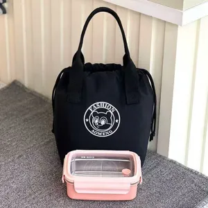 Black waterproof insulated lunch bag with drawstring closure, durable handle, and cute bear logo.