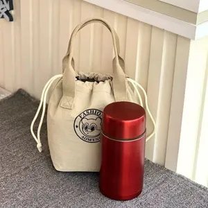 Canvas drawstring bucket bag, daily casual commuter lunch handbag with top handle and cute bear.