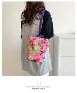 Stylish canvas floral tote bag, casual bucket handbag with purple handles for daily use.